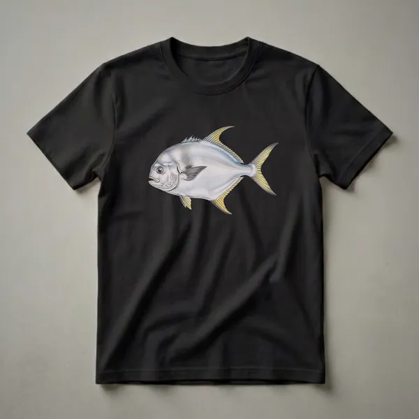A vintage drawing of a Pompano fish with silvery scales and yellow fins, depicted on a black t-shirt.