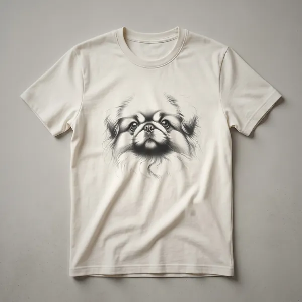 Black and white line drawing of a Pekingese dog's face, showcasing its eyes, nose, and mane, printed on a dark t-shirt.