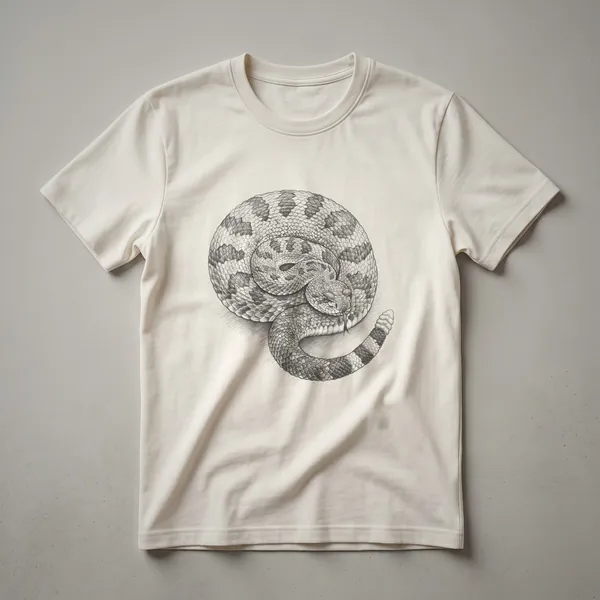 Black t-shirt featuring a detailed vintage line drawing of a coiled rattlesnake with its tongue flicking out and a banded tail.