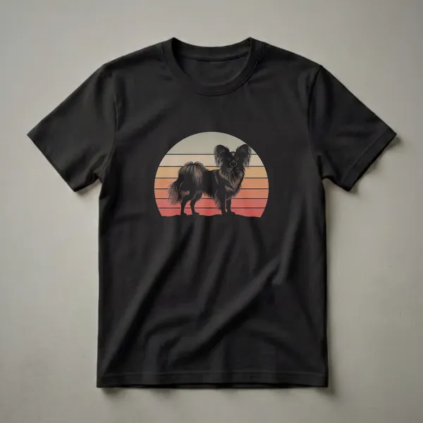 Black Papillon dog silhouette against a vintage sunset with horizontal stripes in orange, yellow, and grey, printed on a black t-shirt.