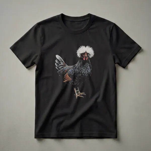Black t-shirt featuring a detailed vintage drawing of a Polish chicken with a prominent white crest, red comb, and iridescent dark feathers.