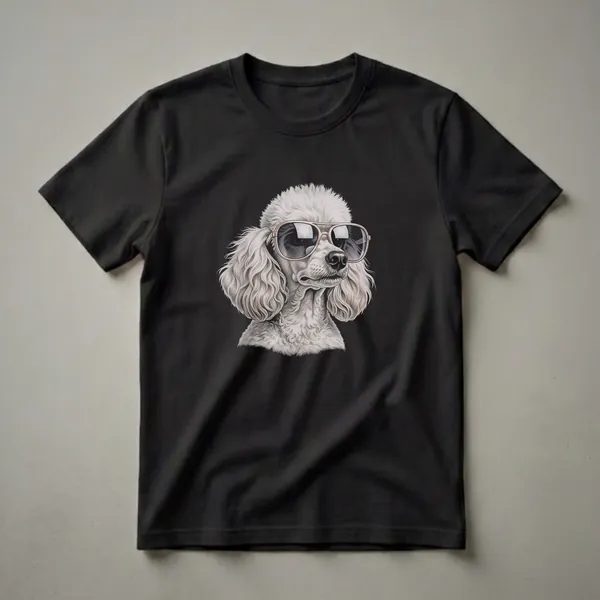 White poodle wearing aviator sunglasses, depicted in a detailed pencil drawing style on a black background.