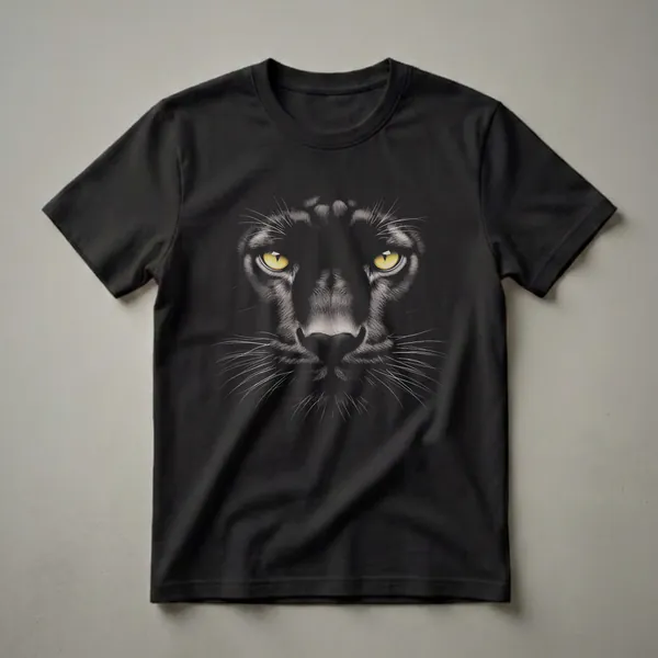 Black t-shirt featuring a detailed drawing of a black panther's face with bright yellow eyes and prominent whiskers against a black background.