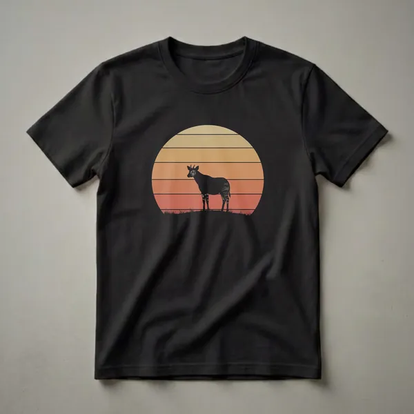 Black okapi silhouette against a retro sunset with horizontal stripes of yellow, orange, and red, on a black t-shirt.
