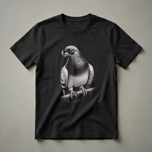 Black and white graphic t-shirt featuring a detailed drawing of a pigeon wearing aviator sunglasses and perched on a wooden branch against a black background.