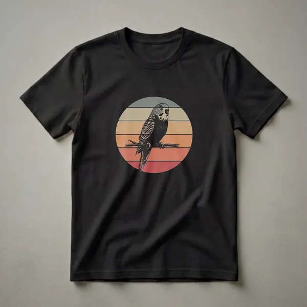 Black and white drawing of a parakeet perched on a branch, set against a circle of horizontal sunset-colored stripes.