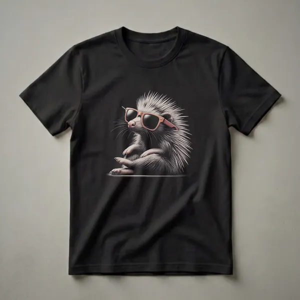 Black t-shirt featuring a detailed drawing of a porcupine sitting down and wearing rose-tinted sunglasses.