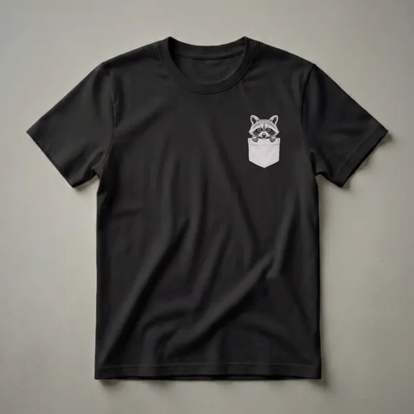 Black and white drawing of a cute raccoon with its paws resting on the edge of a light grey pocket, on a black background.