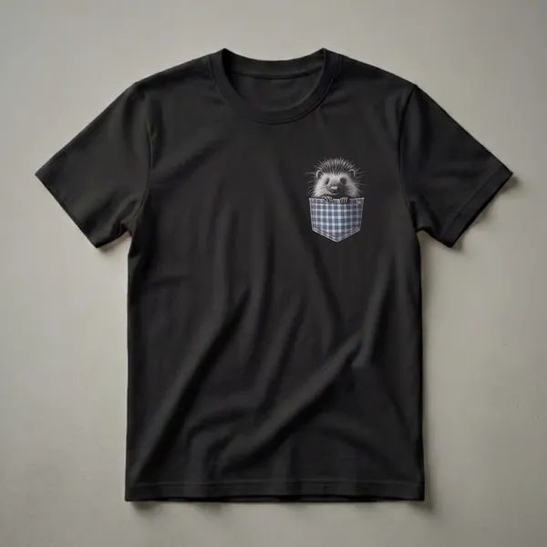 Black t-shirt with a realistic drawing of a porcupine peeking out of a blue and white checkered denim pocket.