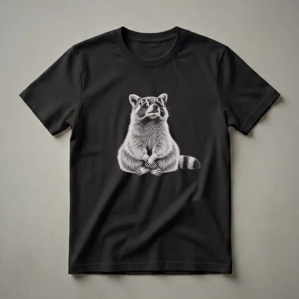 Black and white graphic t-shirt featuring a raccoon sitting with its arms crossed and wearing aviator sunglasses, against a black background.