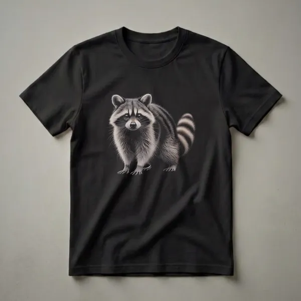 A black t-shirt featuring a detailed, realistic drawing of a raccoon with its distinctive masked face and ringed tail, set against a black background.
