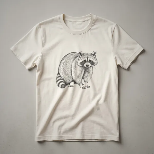Black and white line drawing of a raccoon with a ringed tail, depicted on a dark t-shirt.