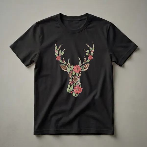 A graphic t-shirt featuring a reindeer head silhouette composed of red poinsettias, green holly leaves, red berries, pinecones, and sprigs of evergreen.