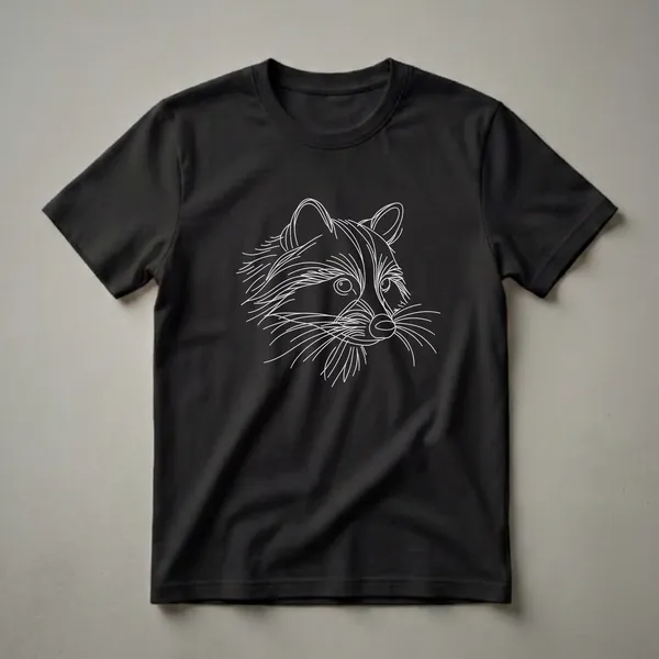 Black t-shirt with a white line art drawing of a raccoon's head, showcasing its facial features and fur texture.