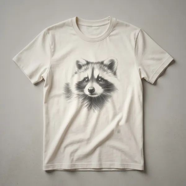 Black and white line drawing of a raccoon's face, showcasing its mask and fur detail, on a graphic t-shirt.
