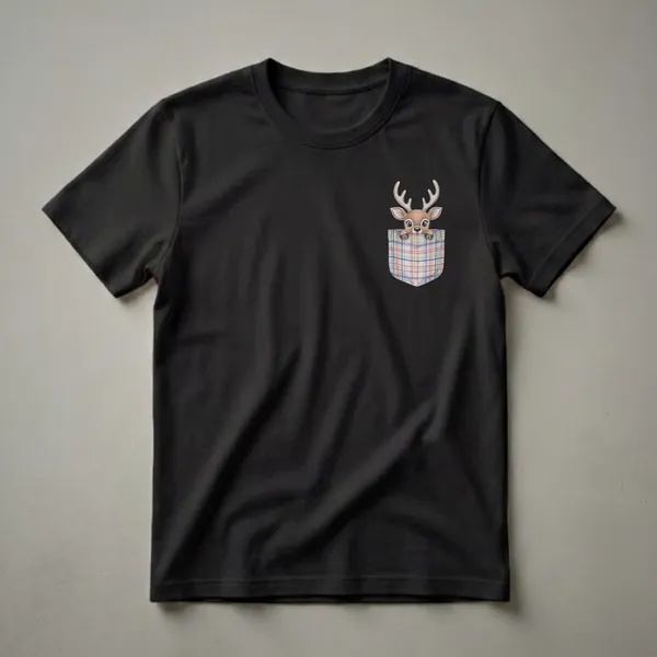 A white t-shirt featuring a cartoon reindeer peeking out of a plaid pocket with red, green, and blue lines.
