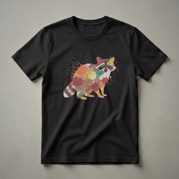 A graphic t-shirt featuring a raccoon illustration with colorful paint splatters in orange, red, yellow, and teal, set against a black background.