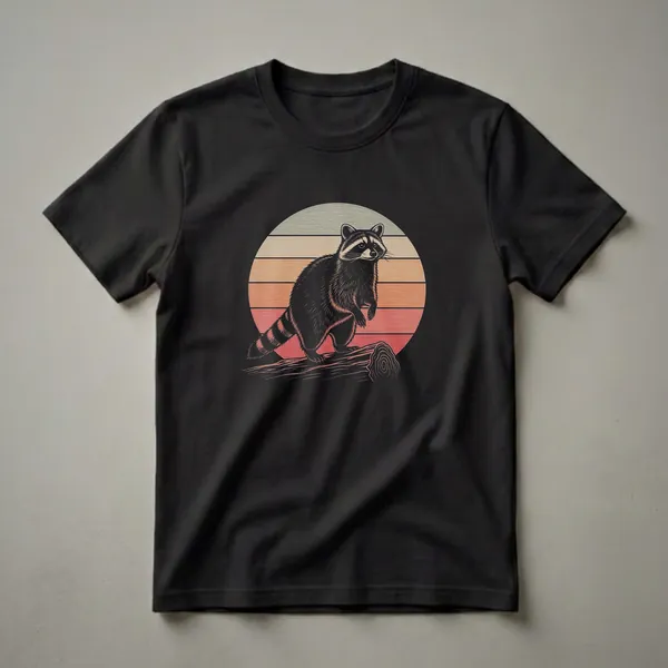 Black graphic t-shirt featuring a retro illustration of a raccoon standing on a log against a striped sunset in muted earth tones.
