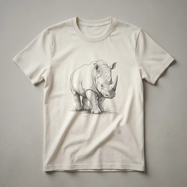 Black and white sketch of a rhinoceros on a dark background, showcasing its horn and textured skin detail, on a t-shirt.