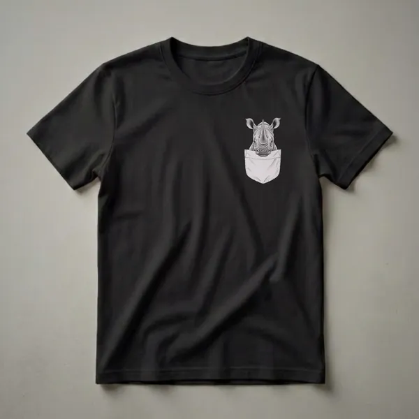 Black t-shirt with a detailed pencil sketch of a rhinoceros head peeking out of a light grey faux pocket.