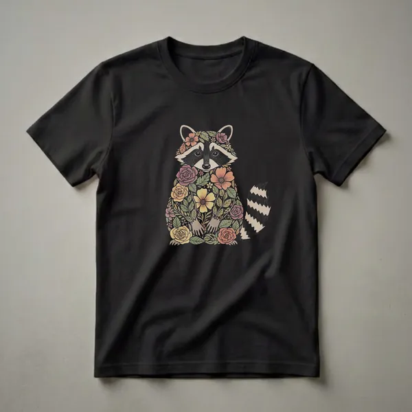 Black t-shirt featuring a vintage drawing of a raccoon with its body filled with colorful roses, daisies, and leaves.