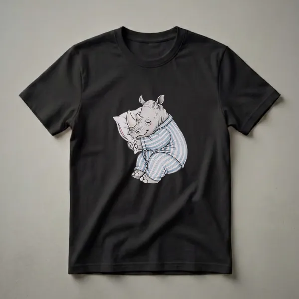 A grey rhinoceros wearing blue and white striped pajamas sleeps soundly while hugging a white pillow, depicted in a hand-drawn art style.