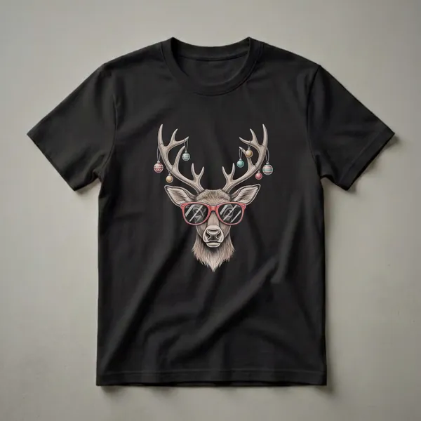Black t-shirt featuring a drawing of a reindeer wearing red sunglasses, with Christmas ornaments hanging from its antlers.