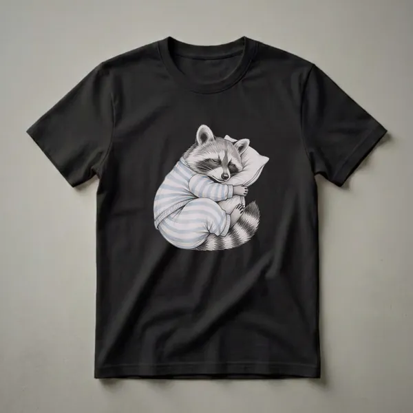 A black t-shirt featuring a detailed pencil drawing of a raccoon wearing blue and white striped pajamas, sleeping soundly on a pillow with its eyes closed.