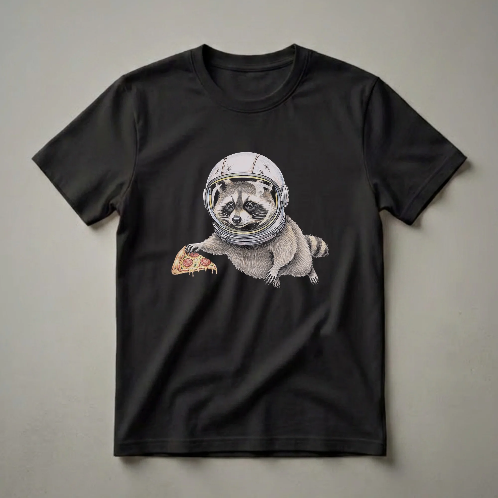 Astronaut Raccoon Holding Pizza Slice Graphic T-Shirt