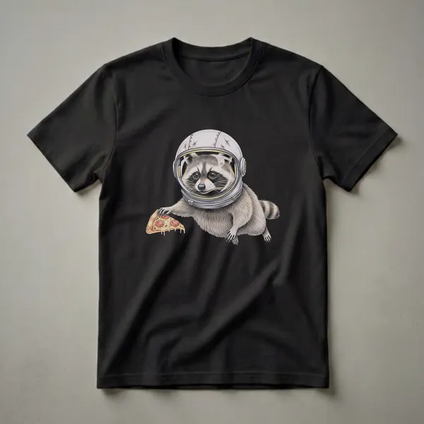 A graphic t-shirt featuring a detailed drawing of a raccoon wearing a vintage astronaut helmet and holding a slice of pepperoni pizza.