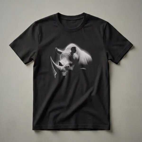 Black t-shirt with a detailed, high-contrast vintage drawing of a rhinoceros head in white and grey tones, set against a black background.