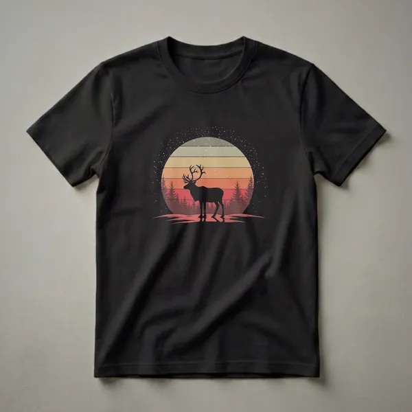 Black graphic t-shirt featuring a retro sunset design with a reindeer silhouette and pine trees, with white speckles in the background.