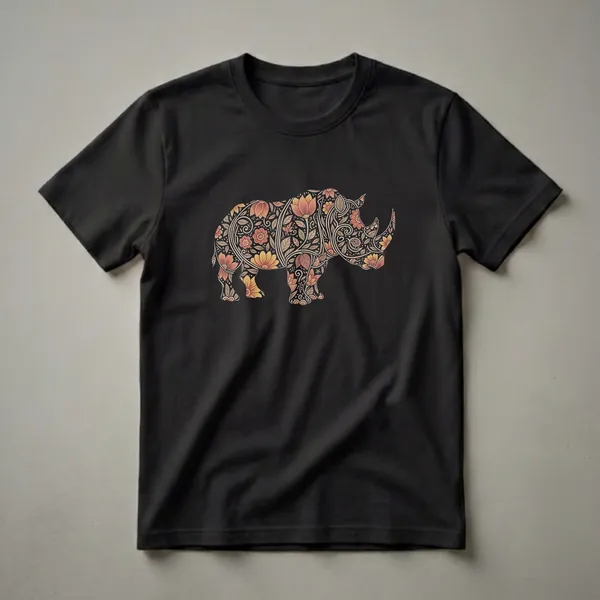 A black t-shirt featuring a detailed drawing of a rhinoceros filled with colorful floral patterns and swirling vine designs in shades of orange, yellow, and brown.