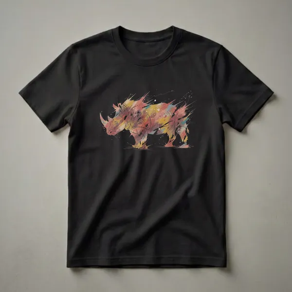 Black t-shirt with a colorful watercolor splash art drawing of a rhinoceros in shades of yellow, orange, red, and teal.