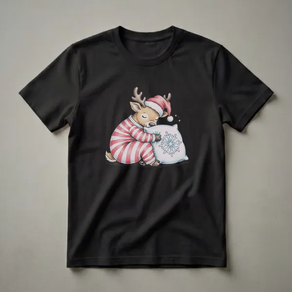 A white t-shirt featuring a hand-drawn illustration of a sleeping reindeer wearing a red and white striped pajama set and a Santa hat, hugging a pillow with a blue snowflake design.