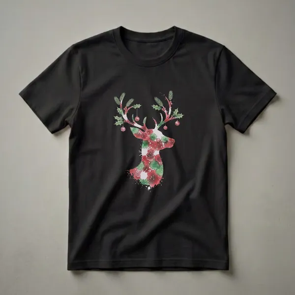 A black t-shirt featuring a watercolor silhouette of a reindeer's head in red and green, adorned with pine sprigs, holly leaves, and Christmas ornaments.