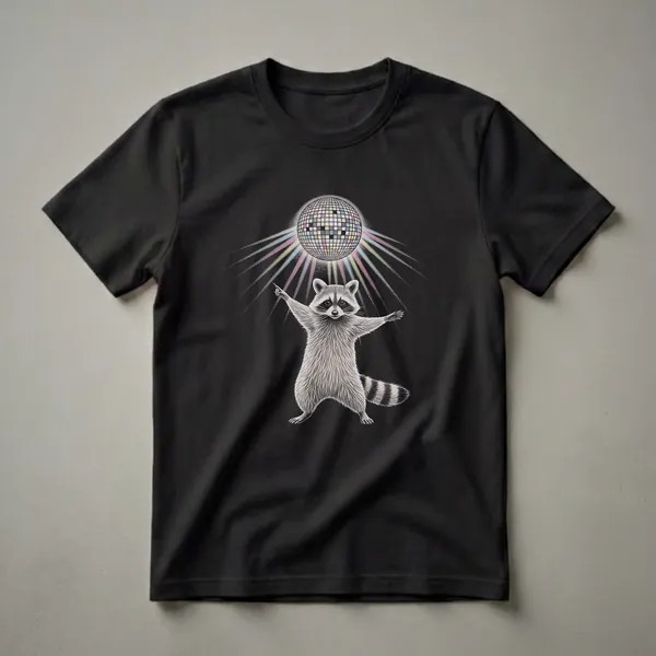 Black t-shirt with a detailed drawing of a raccoon dancing with its arms outstretched under a colorful disco ball, with light rays emanating downwards.