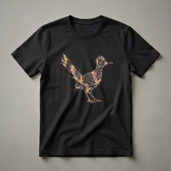 Black t-shirt with a line drawing of a Greater Roadrunner bird accented with orange, yellow, and pink watercolor splatters.