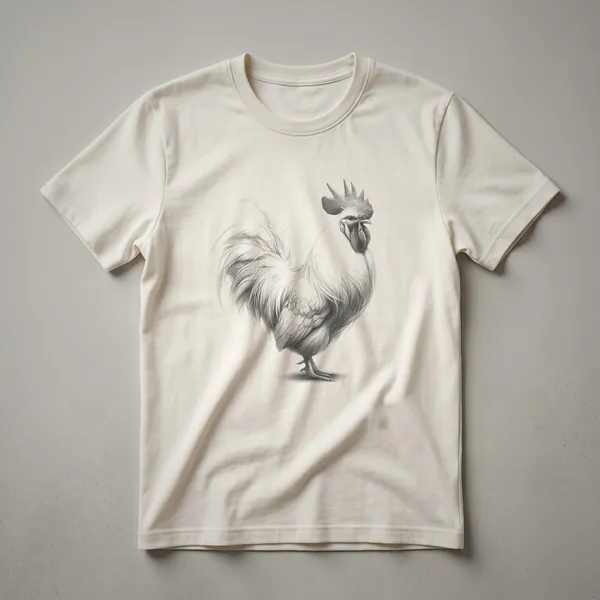 A black t-shirt featuring a vintage line drawing of a rooster in profile, with detailed linework showcasing its comb, wattle, and tail feathers.