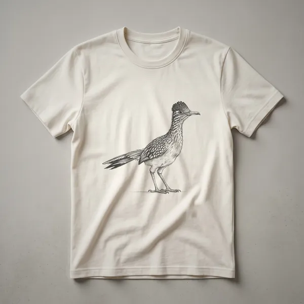 A black and white line drawing of a Greater Roadrunner bird in profile, depicted on a t-shirt.