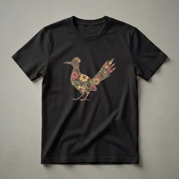 Black t-shirt featuring a roadrunner bird illustration composed entirely of colorful flowers and leaves in shades of yellow, orange, and green.