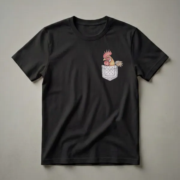 Black t-shirt featuring a detailed drawing of a rooster's head and wing peeking out of a white bandana-patterned pocket.