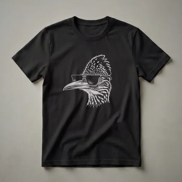 Black t-shirt featuring a white chalk-style sketch of a roadrunner's head wearing dark sunglasses, set against a black background.