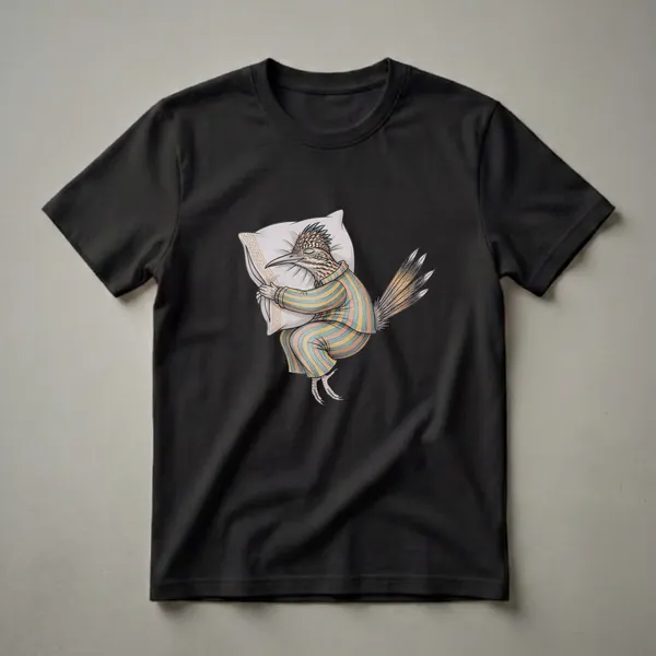 A roadrunner bird wearing striped pajamas is sleeping soundly while hugging a pillow, depicted in a drawing art style against a black background.