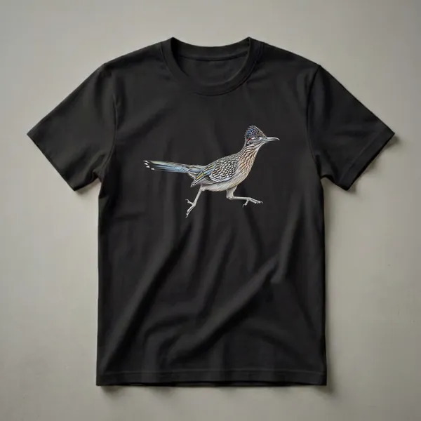 Black t-shirt featuring a detailed, colorful drawing of a Greater Roadrunner bird in profile, with its crest raised and one leg extended.