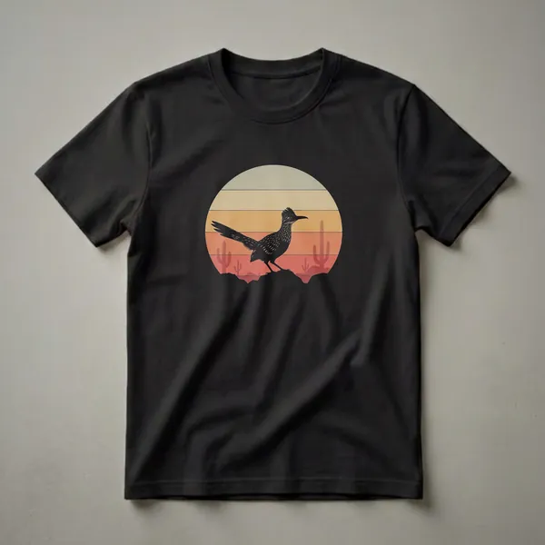 Black silhouette of a Greater Roadrunner bird standing on a rock against a retro sunset with horizontal stripes and saguaro cacti, on a black t-shirt.