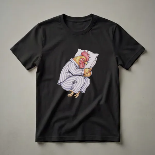 A white graphic t-shirt featuring a detailed drawing of a rooster wearing blue and white striped pajamas, sleeping peacefully on a white pillow.