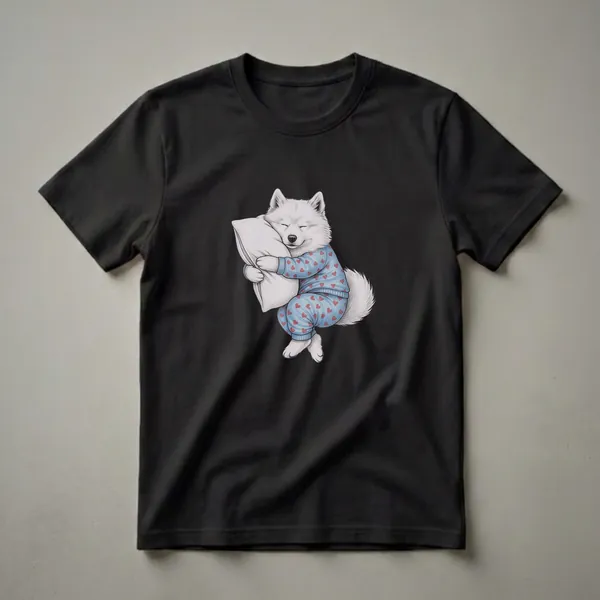 White Samoyed dog wearing blue pajamas with red hearts, sleeping and hugging a pillow, depicted in a hand-drawn art style.