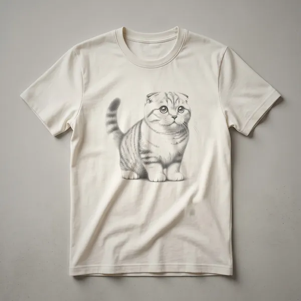 Black line drawing sketch of a Scottish Fold cat with folded ears and large eyes, seated and looking forward, on a white t-shirt.
