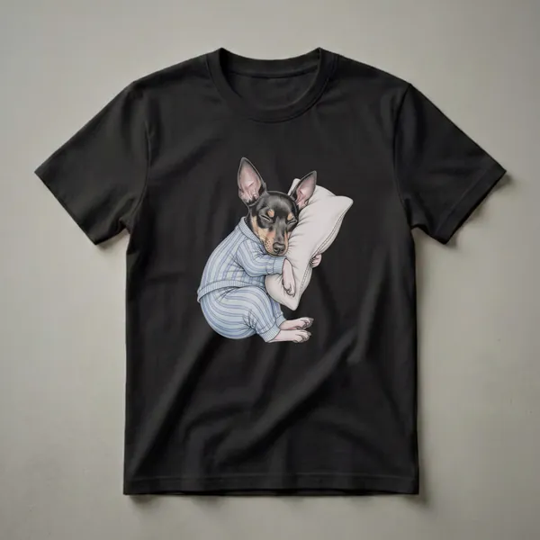 A black and tan Rat Terrier dog wearing blue striped pajamas sleeps soundly, hugging a light-colored pillow. The artwork is detailed and set against a black background.
